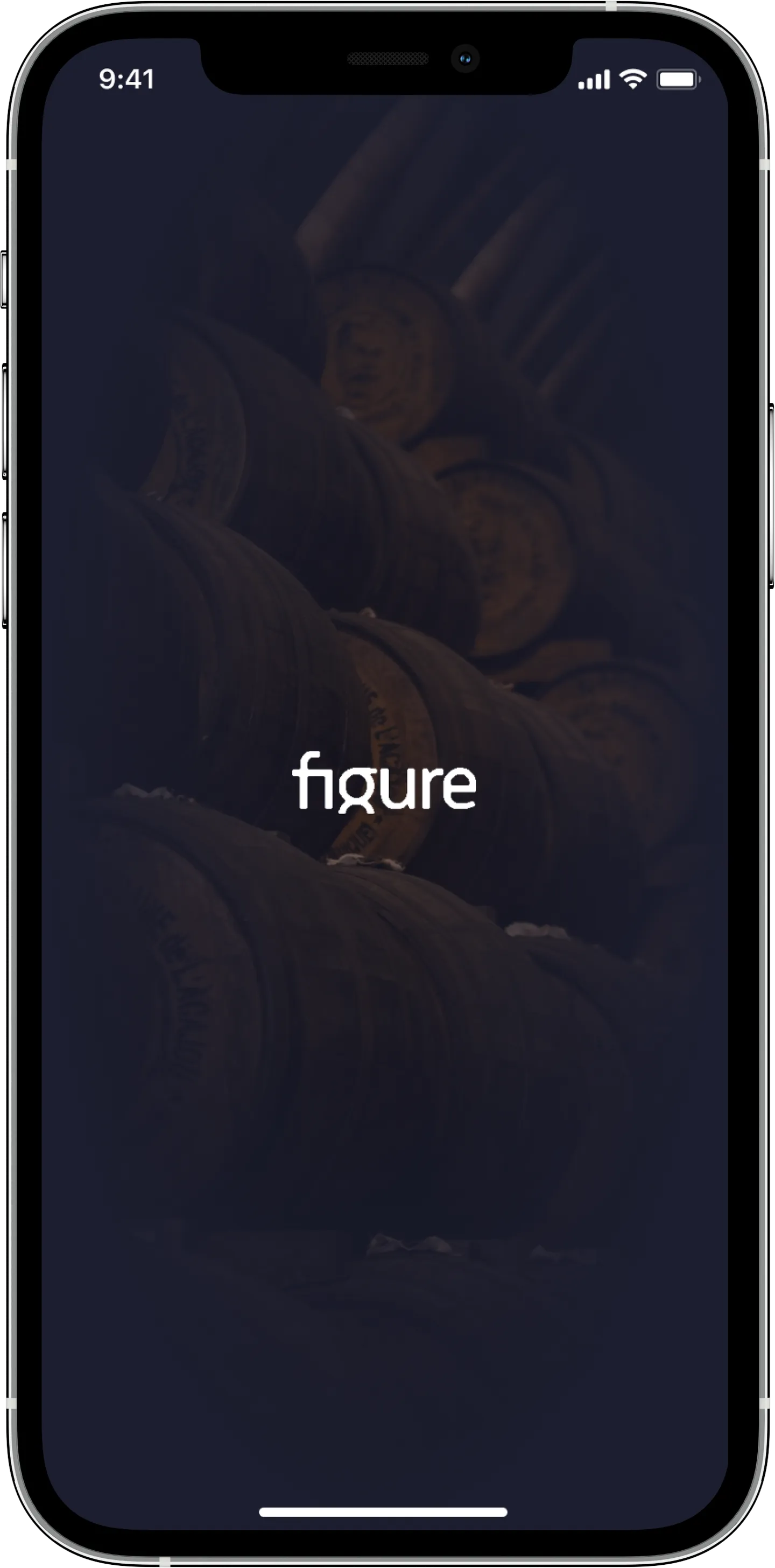 Figure splash screen: white "figure" wordmark on a dark photo of stacked wine barrels