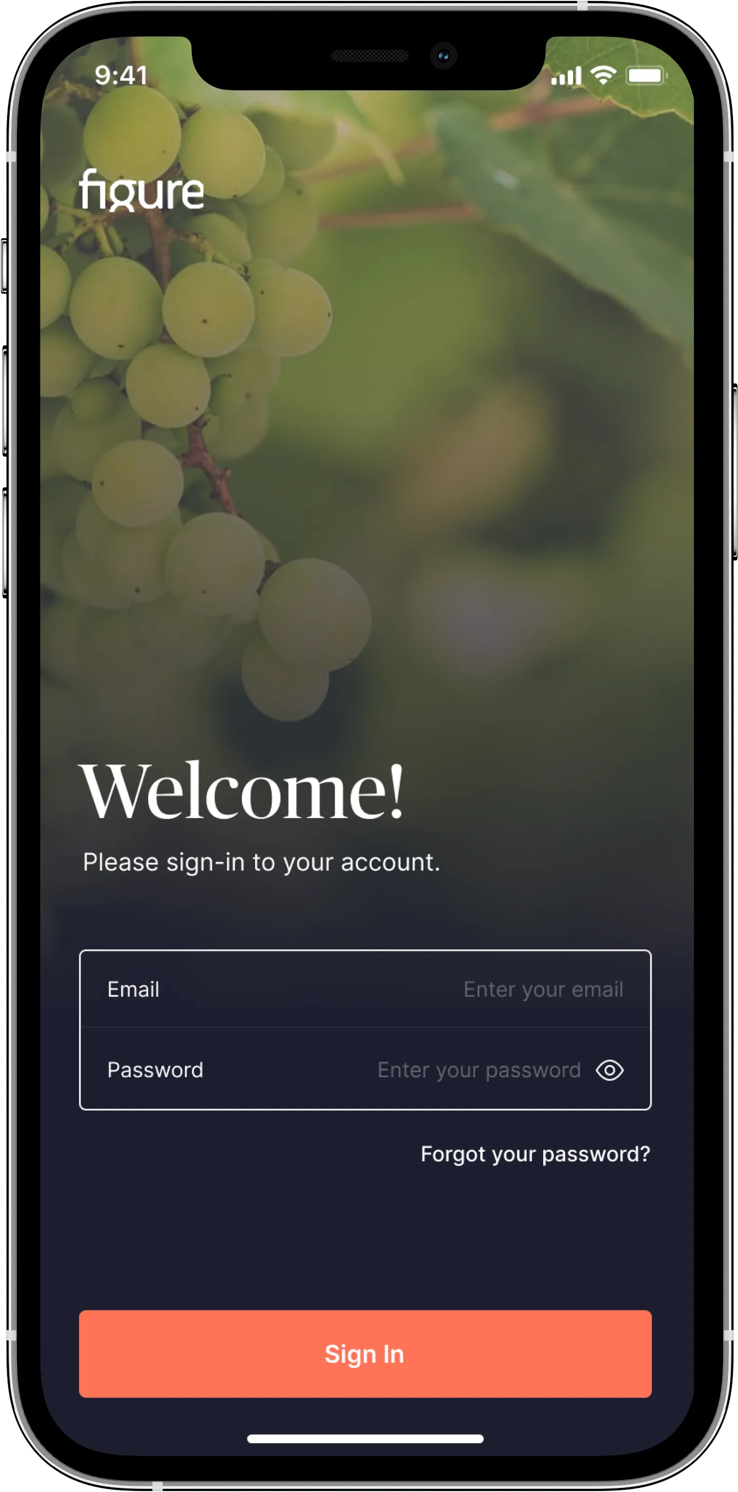 Figure sign-in screen over a green grapevine photo with email and password fields