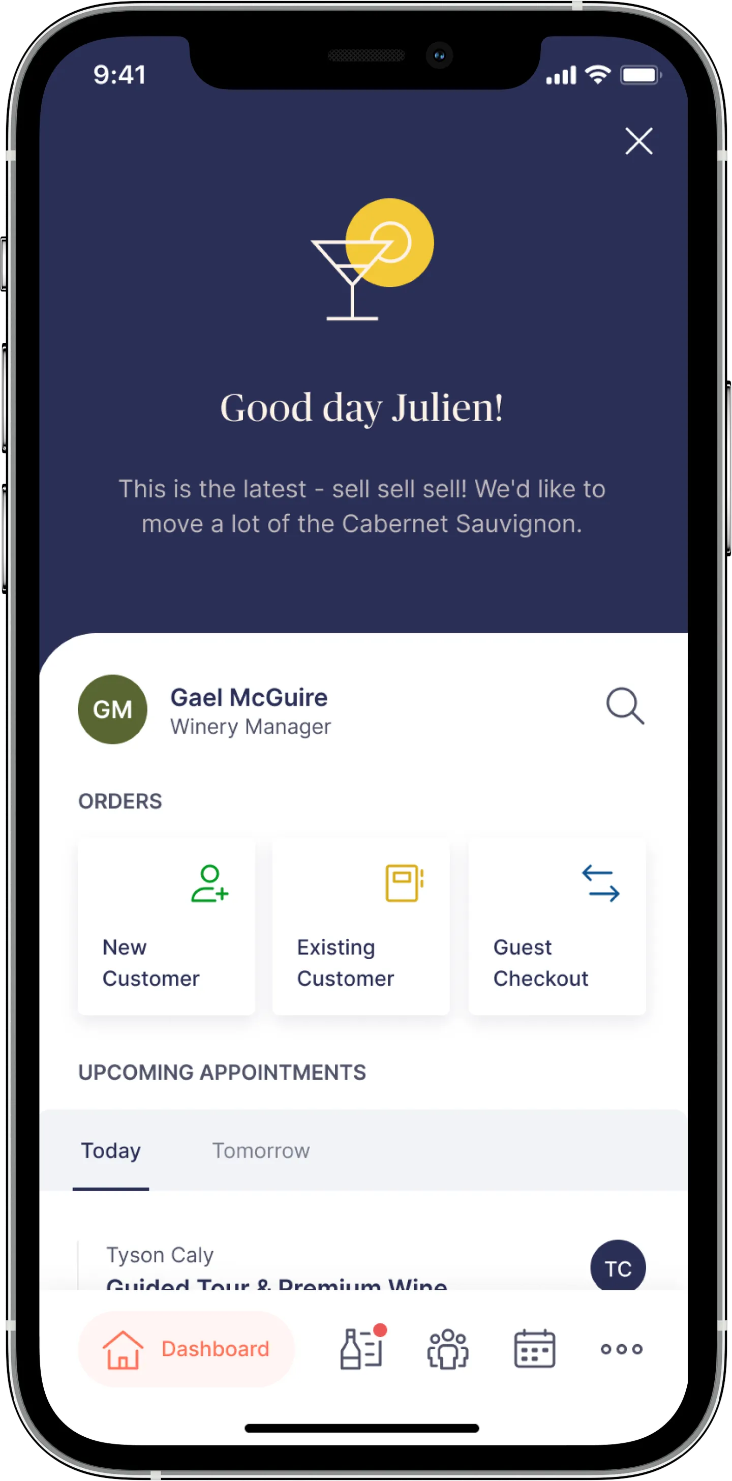 Dashboard with greeting overlay: "Good day Julien! This is the latest, sell sell sell!"