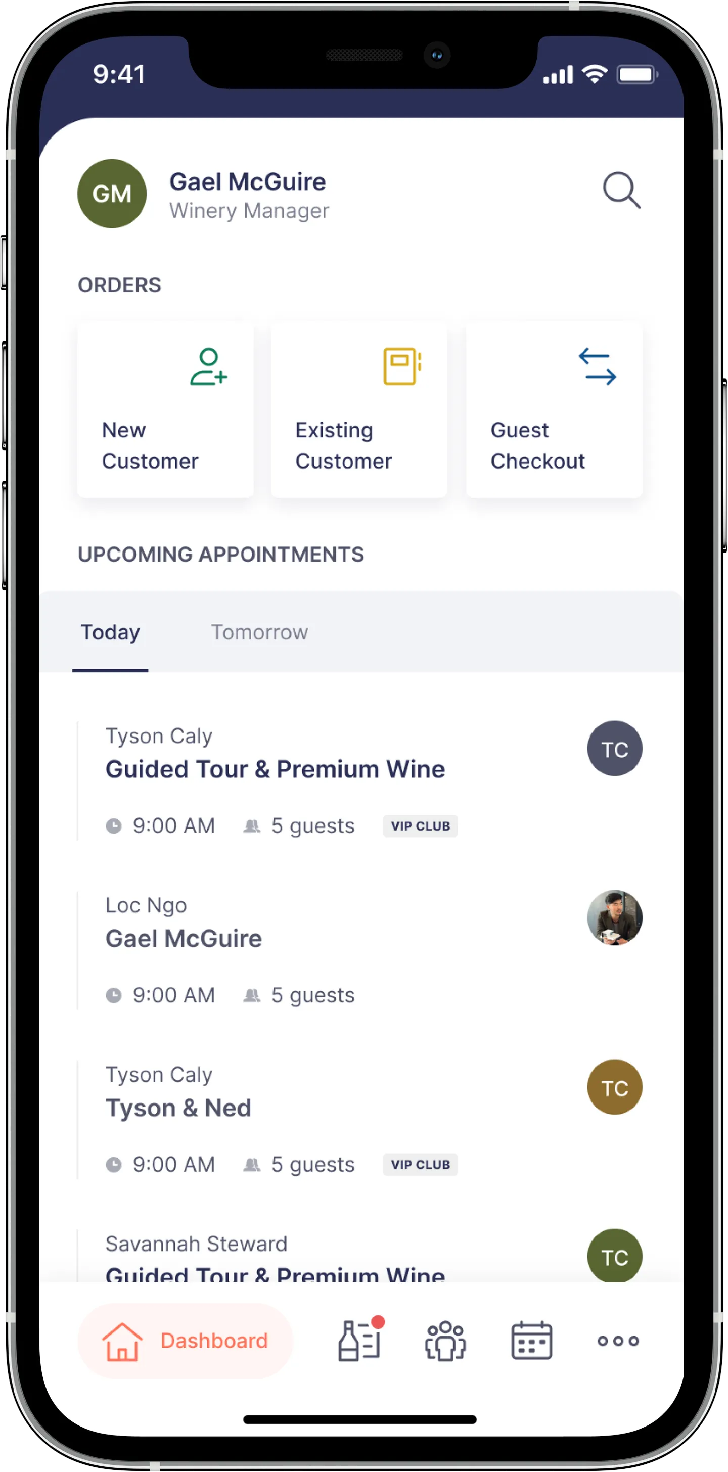 Full dashboard with order quick actions and upcoming appointments for today and tomorrow