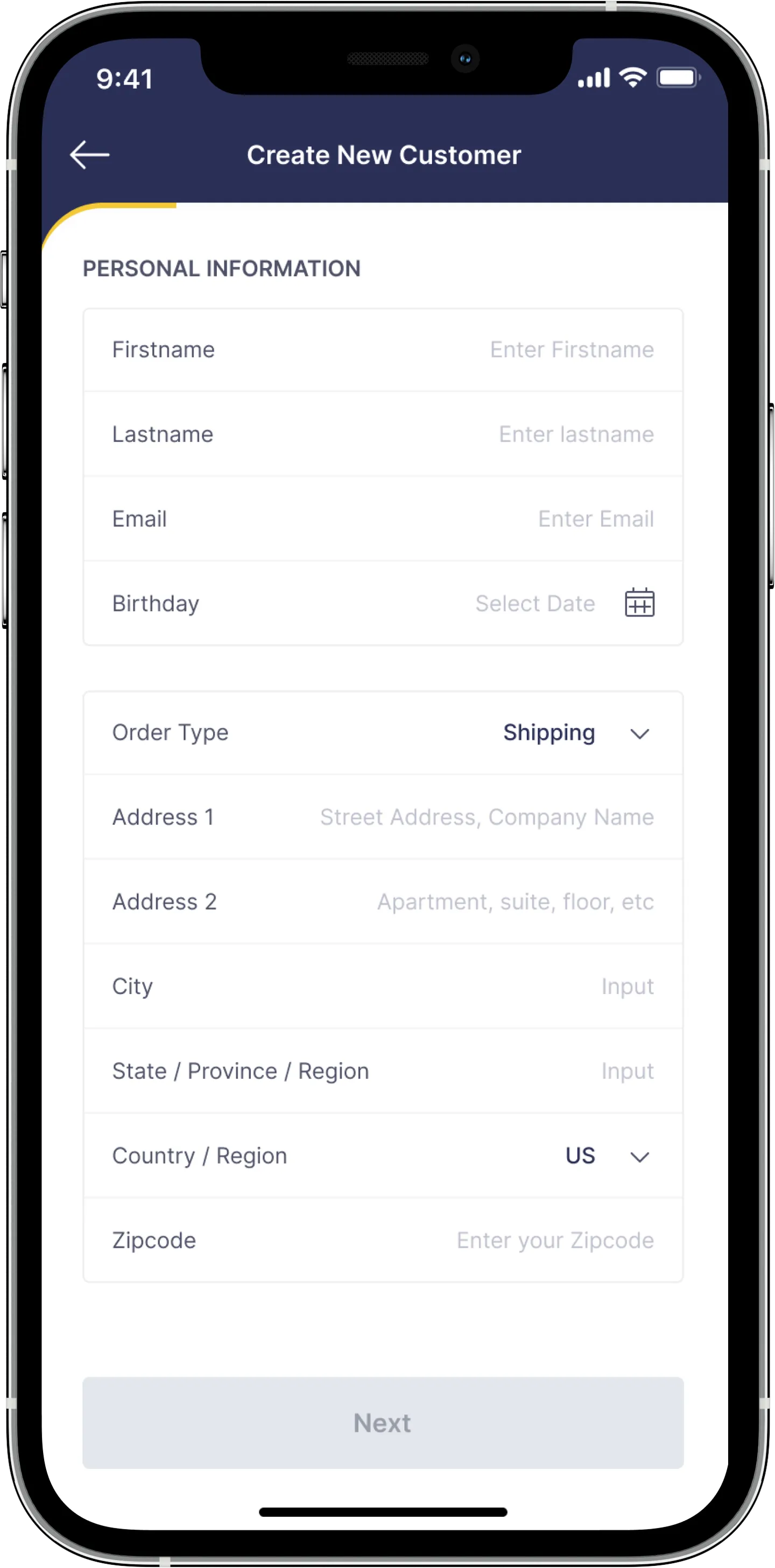 Create New Customer form with personal information and shipping address fields