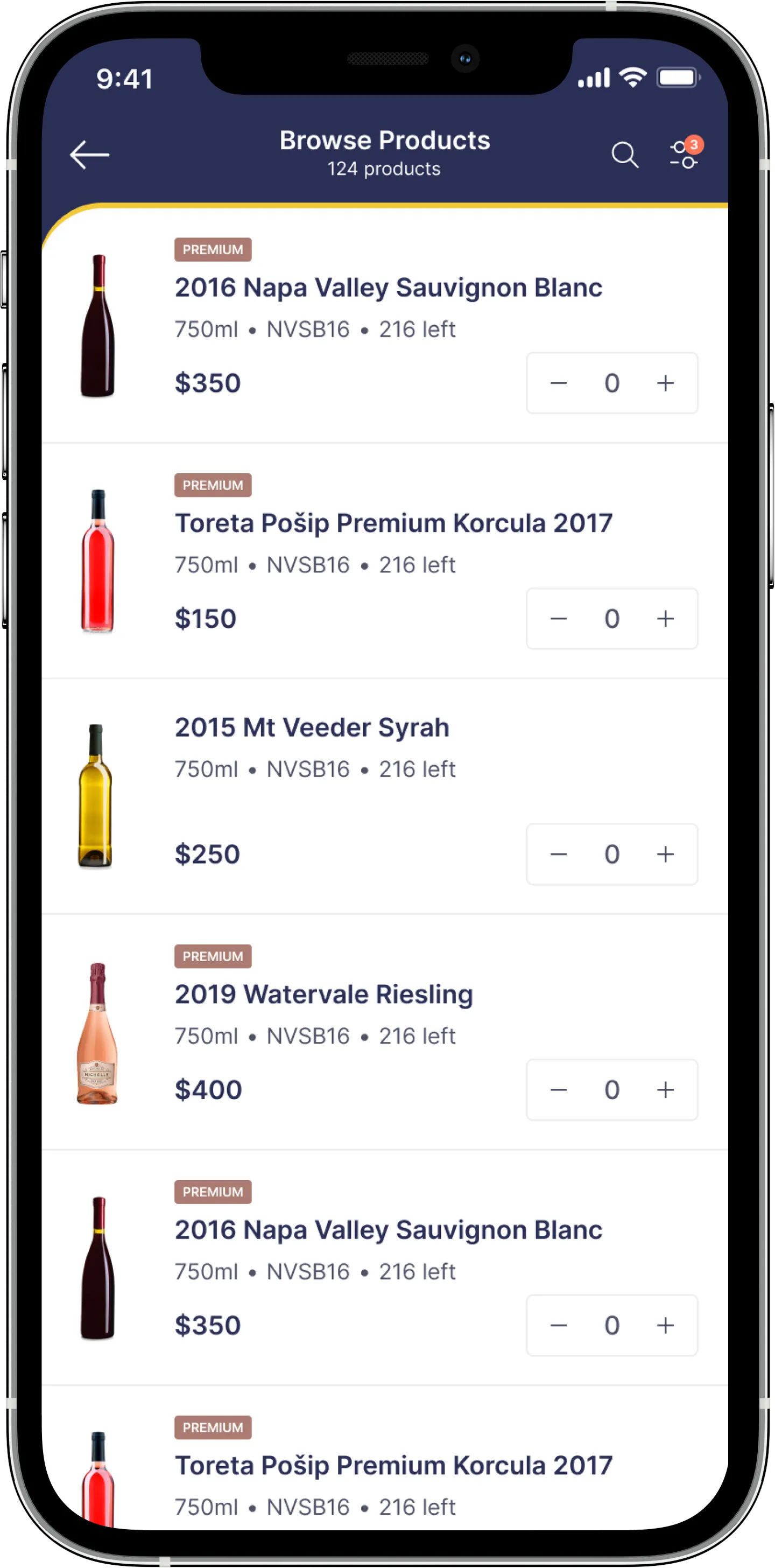 Browse Products list of 124 wines with bottle photos, premium badges and quantity steppers