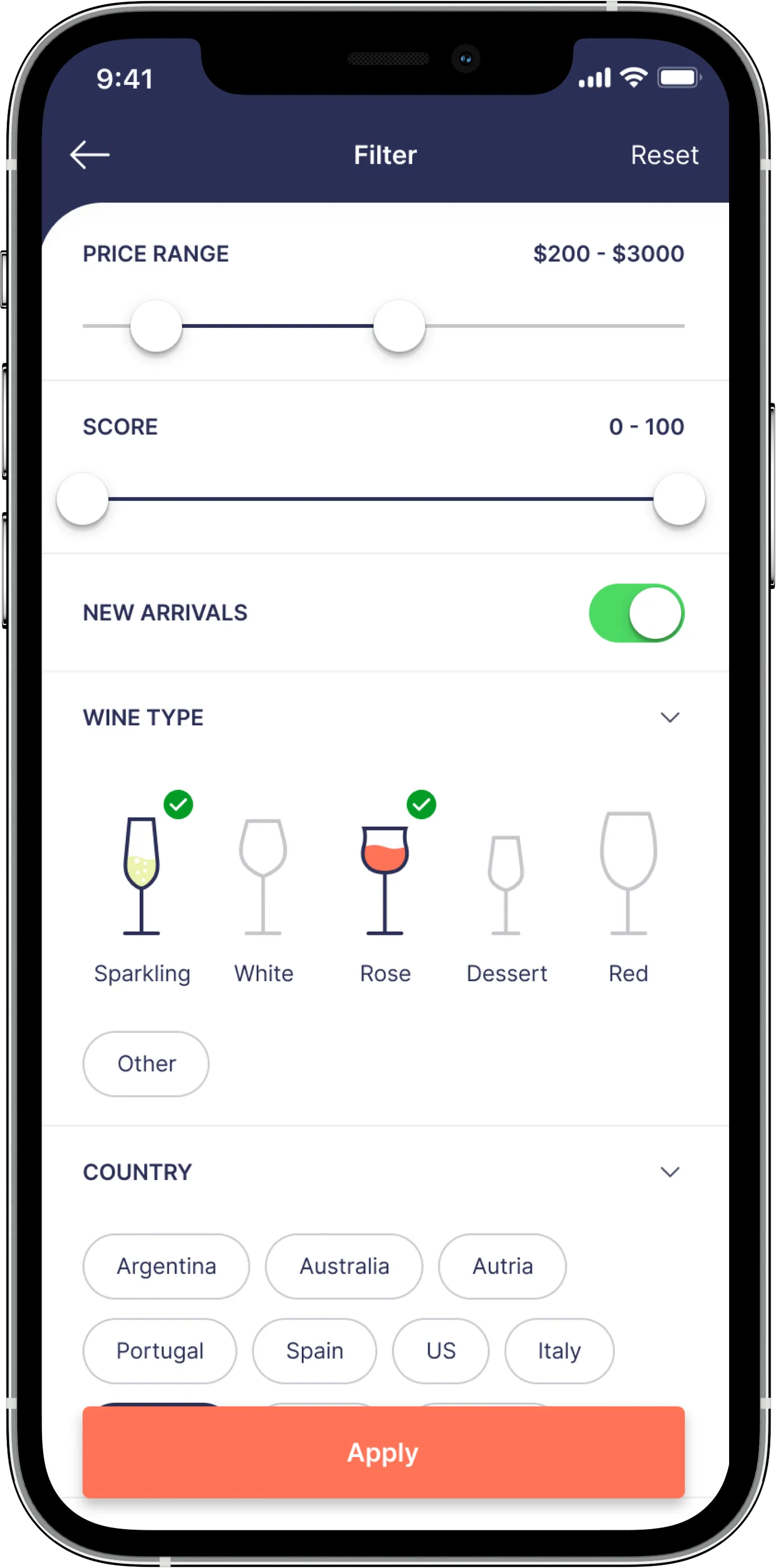 Filter screen with price and score sliders, wine-type glasses and country chips