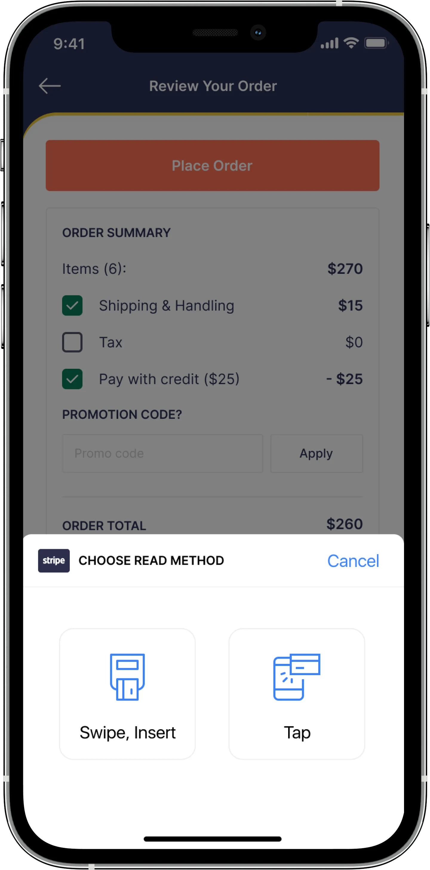 Review Your Order summary with a Stripe card-reader sheet offering swipe, insert or tap