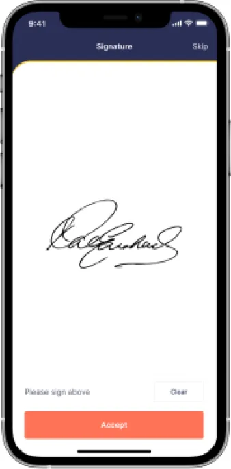 Signature capture screen with a handwritten signature and Accept button