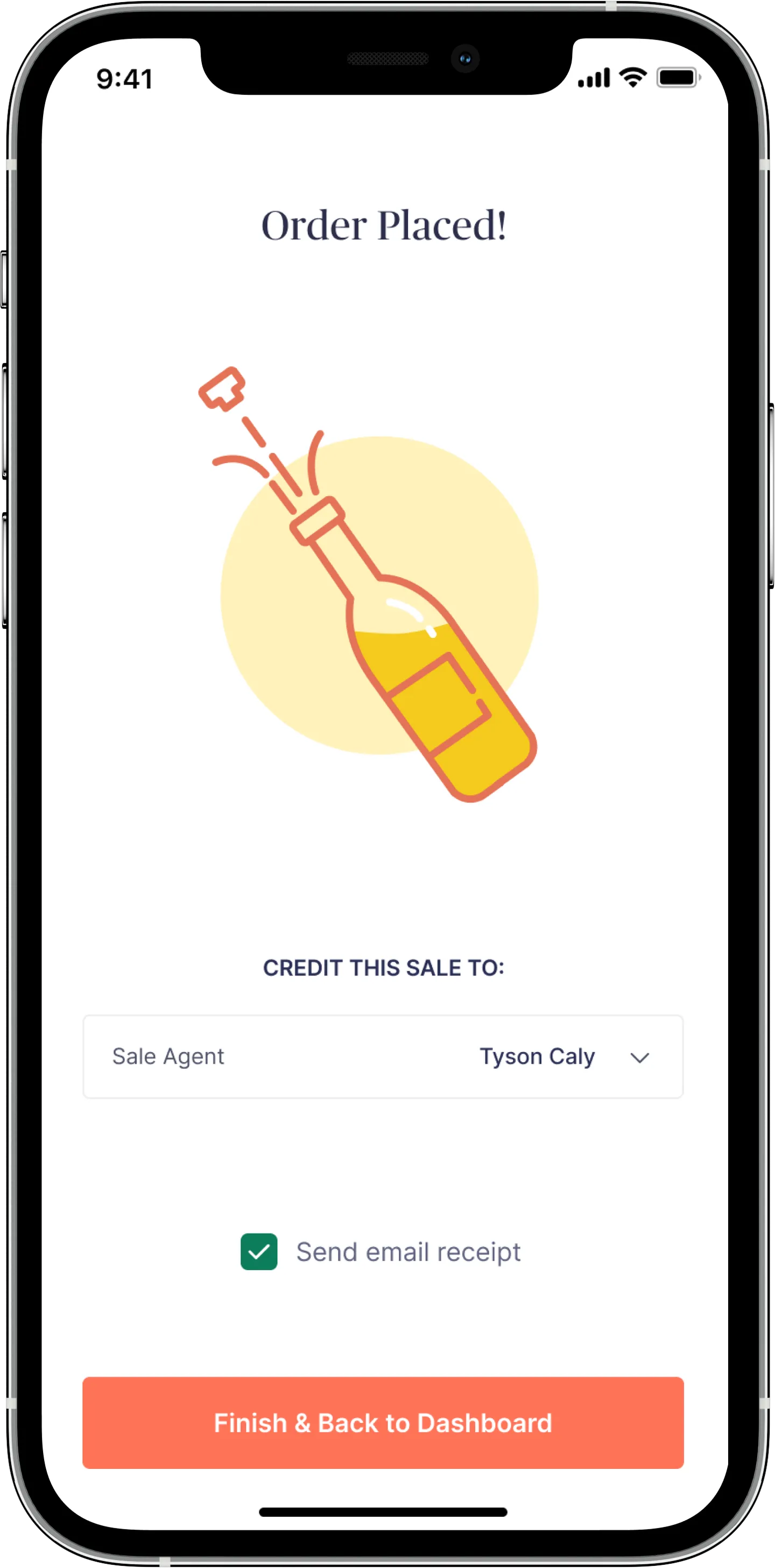 "Order Placed!" confirmation with a popping champagne-bottle illustration