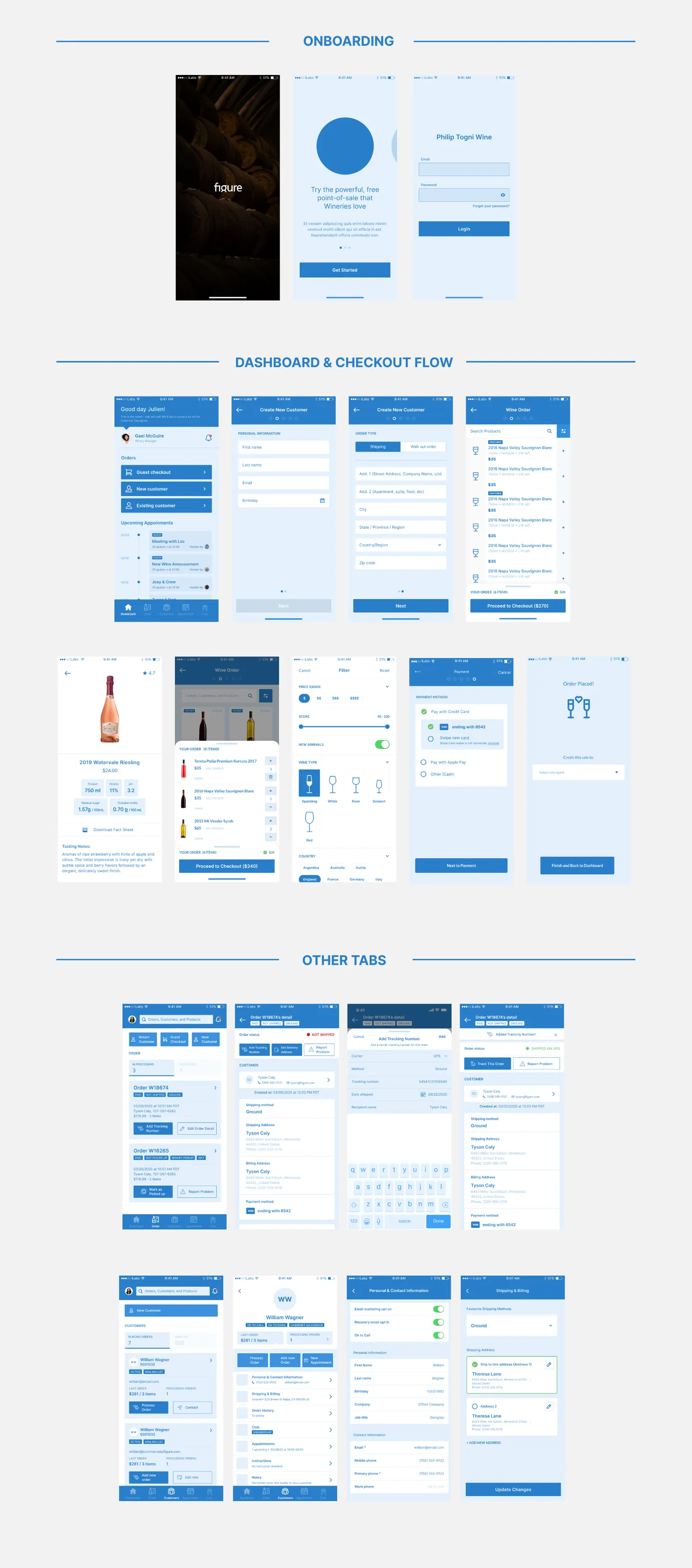 Tall collage of blue lo-fi wireframes covering onboarding, the dashboard and checkout flow, and the orders and customers tabs