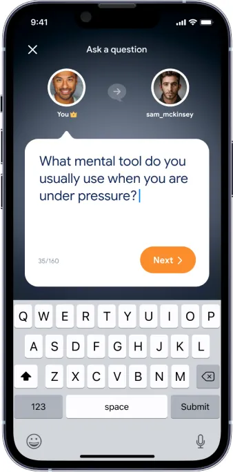Ask-a-question composer with a 160-character counter and keyboard
