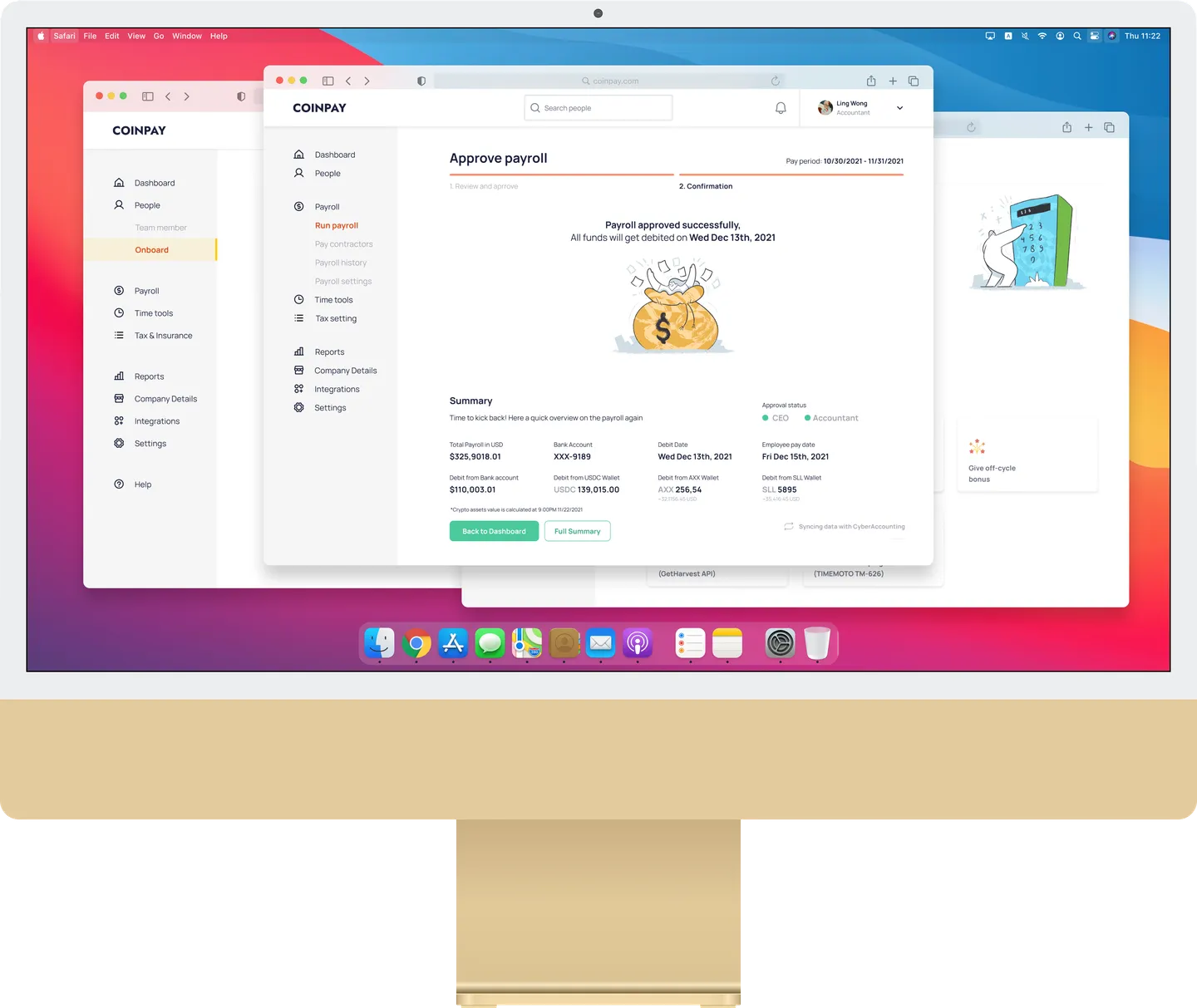 Gold iMac mockup showing the CoinPay payroll web app: a sidebar with Dashboard, People, Payroll and other sections, and an "Approve payroll" confirmation reading "Payroll approved successfully"
