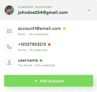 Expanded account switcher listing work, home and top-secret vaults with credential counts and an Add Account button
