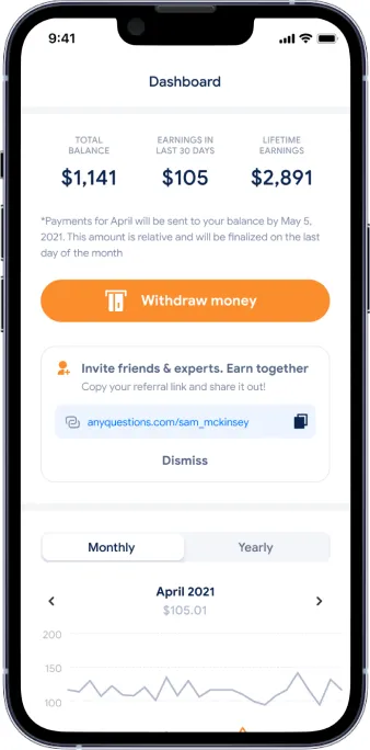 Expert earnings dashboard: $1,141 total balance, $105 in the last 30 days, $2,891 lifetime, with a Withdraw money button and referral card
