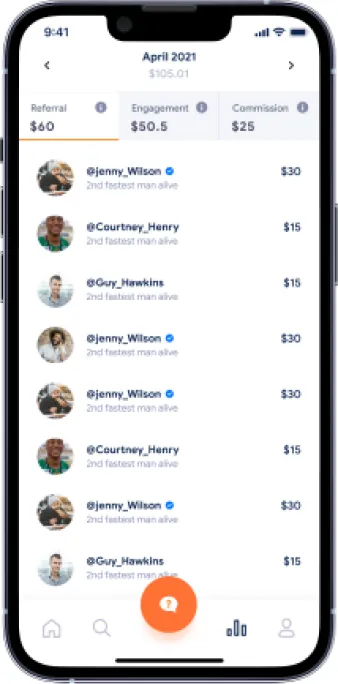 Full earnings breakdown list of payers with amounts and a bottom tab bar
