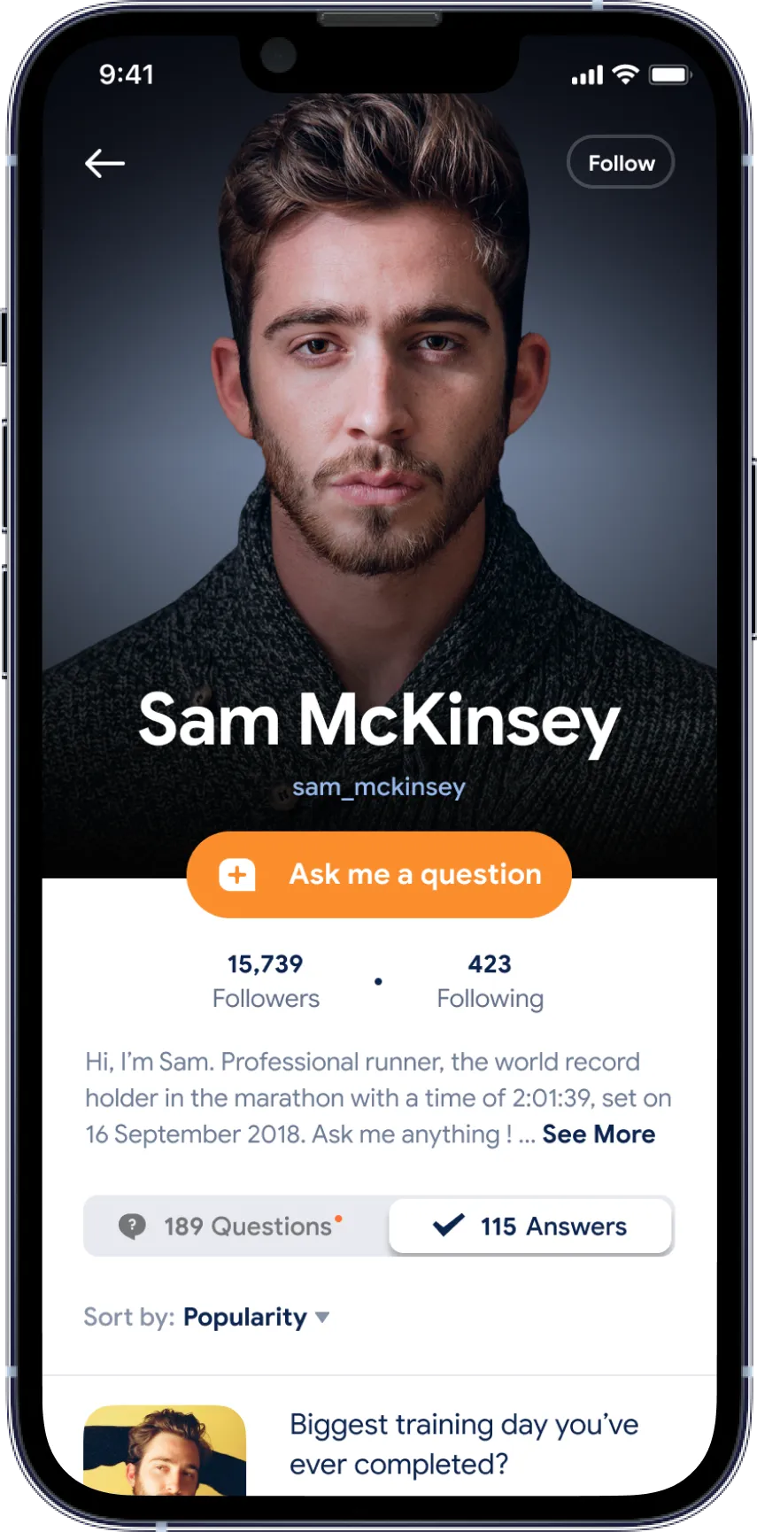 Expert profile for runner Sam McKinsey with an orange "Ask me a question" button, follower stats and Q&A tabs