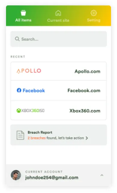 Extension "All items" tab with recent sites Apollo, Facebook and Xbox360, and a breach report banner
