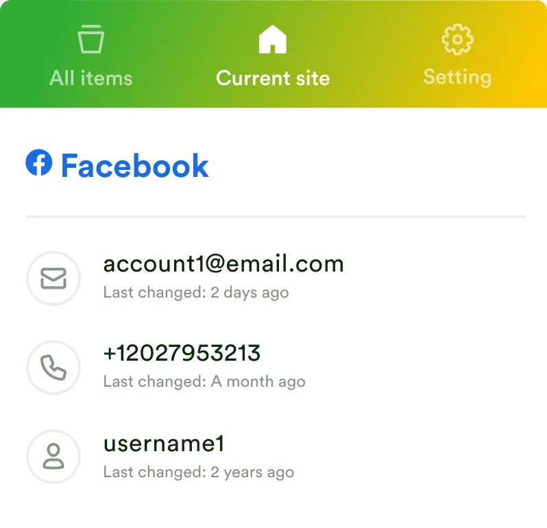 Extension "Current site" tab showing three saved Facebook credentials with last-changed dates