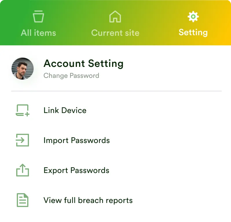 Extension "Setting" tab with account settings: link device, import and export passwords, view full breach reports