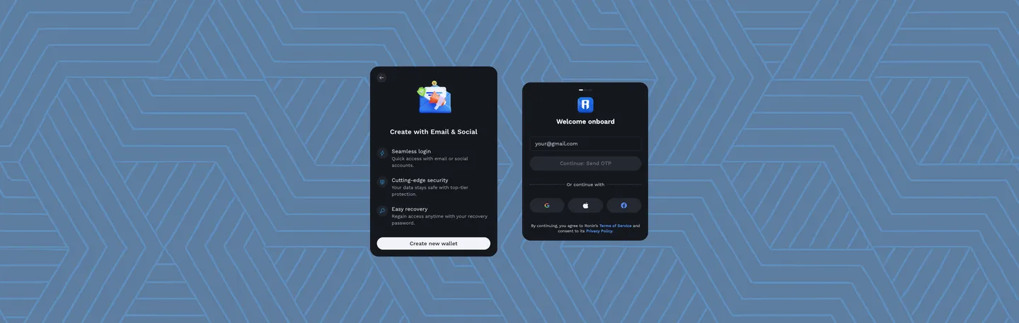 Two Ronin Wallet mobile screens on a blue geometric pattern: "Create with Email & Social" listing seamless login, cutting-edge security, and easy recovery, and "Welcome onboard" with email field and Google, Apple, and Facebook login options