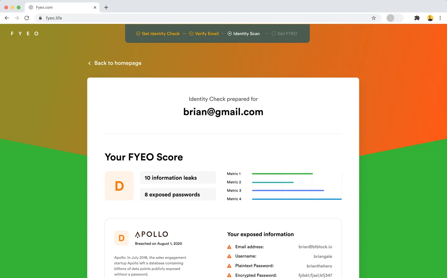 Browser window at fyeo.life showing an Identity Check report: "Your FYEO Score" grade D, 10 information leaks, 8 exposed passwords, and an Apollo breach card with exposed credentials