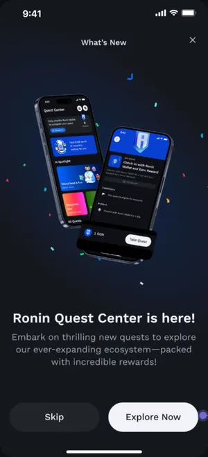 Dark mobile "What’s New" screen announcing "Ronin Quest Center is here!" with Skip and Explore Now buttons