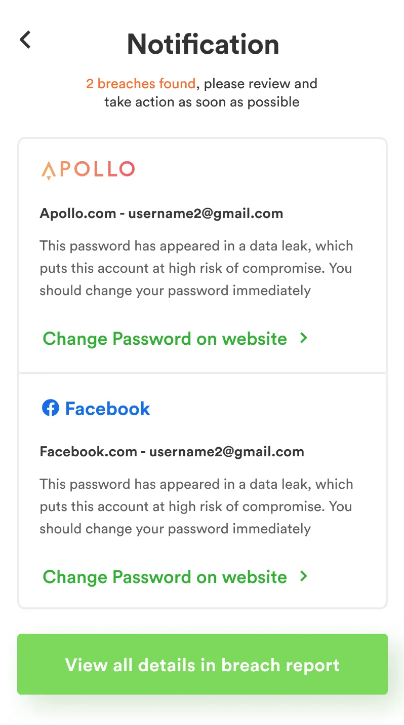 Notification screen listing two breach alerts for Apollo and Facebook with change-password actions