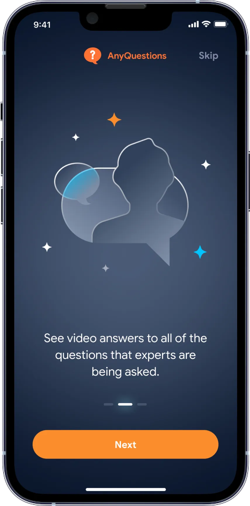 Onboarding slide: "See video answers to all of the questions that experts are being asked" with Next button