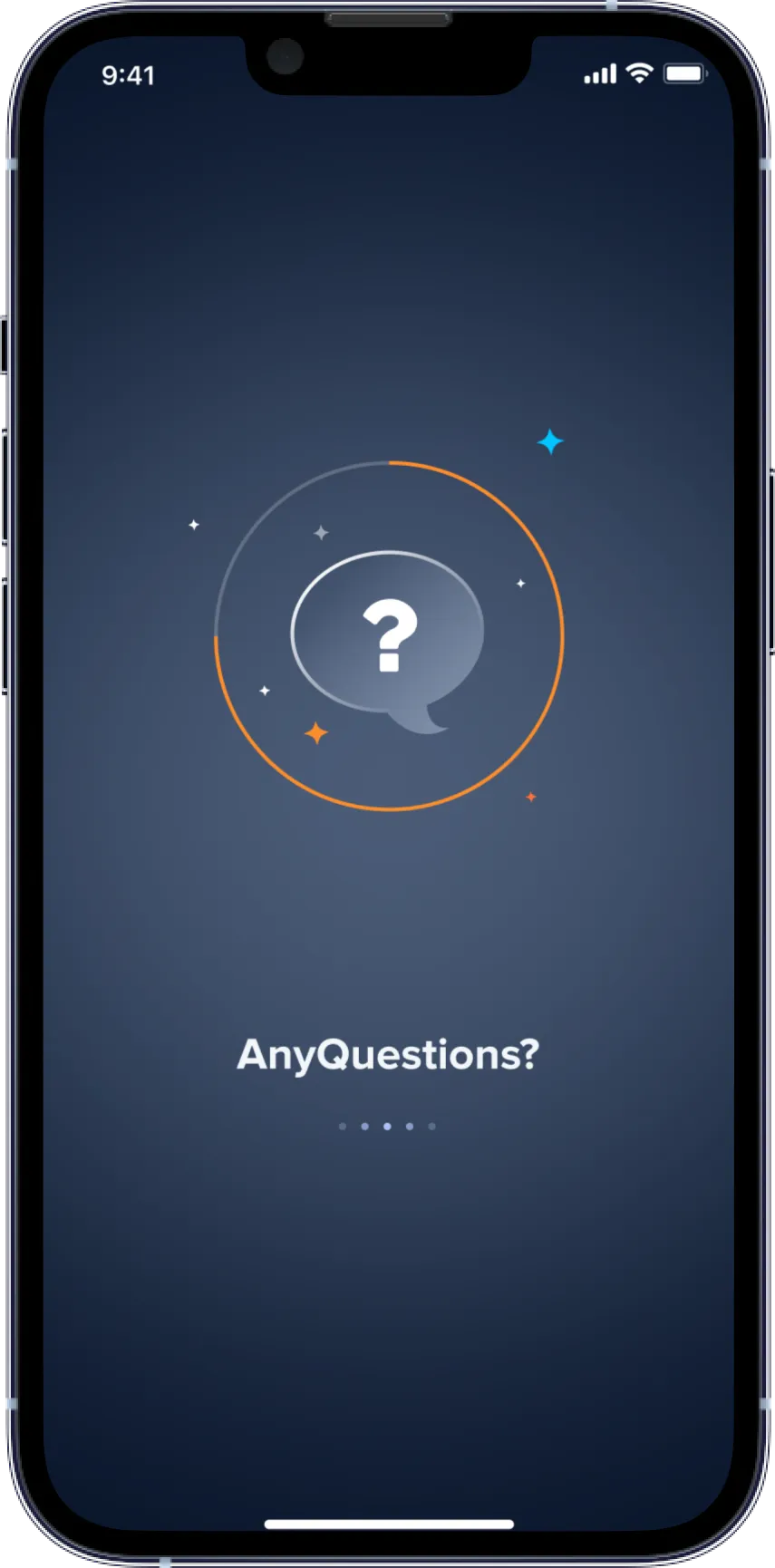 AnyQuestion splash screen: glassy question-mark speech bubble inside an orange progress ring on dark navy