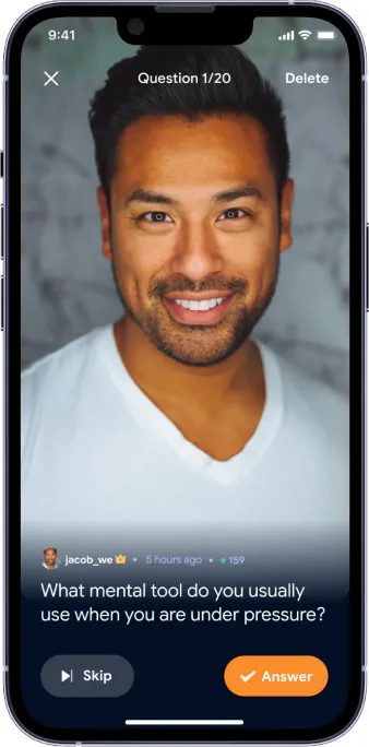 Full-screen video question from a fan with Skip and Answer buttons