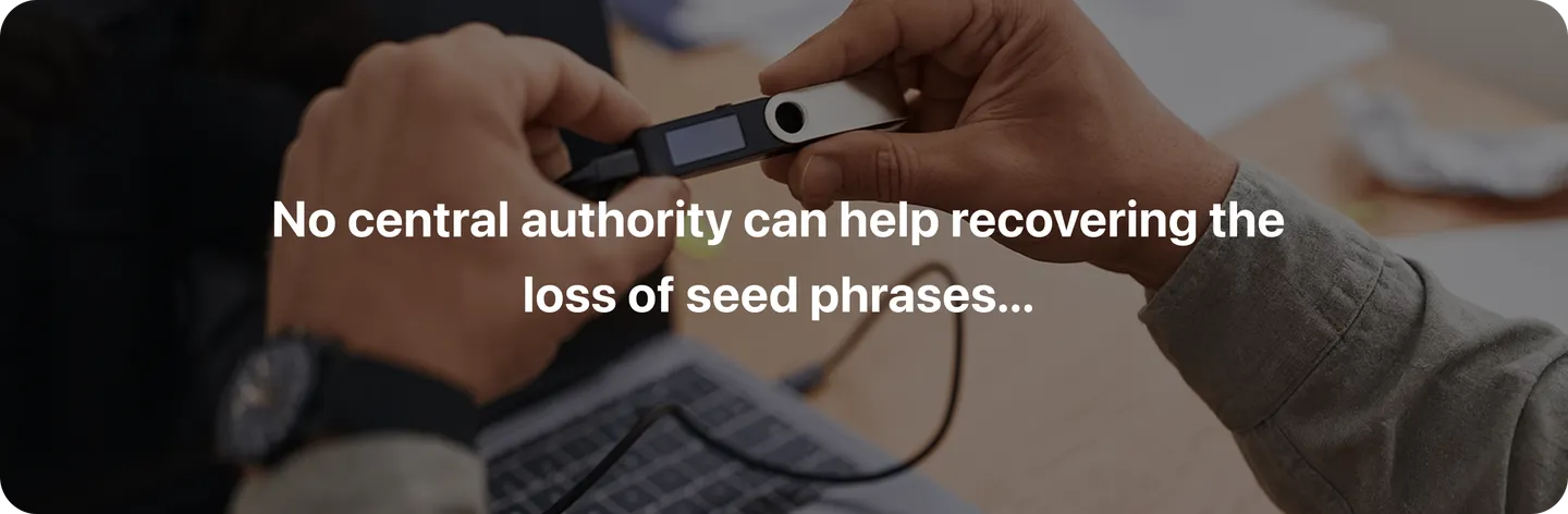 Quote over a photo of hands holding a hardware wallet at a laptop: "No central authority can help recovering the loss of seed phrases..."