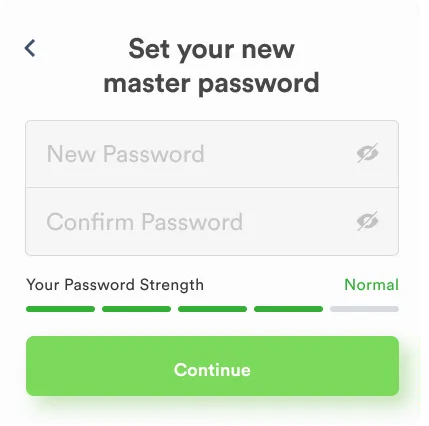 Set-your-new-master-password screen with password strength meter reading Normal