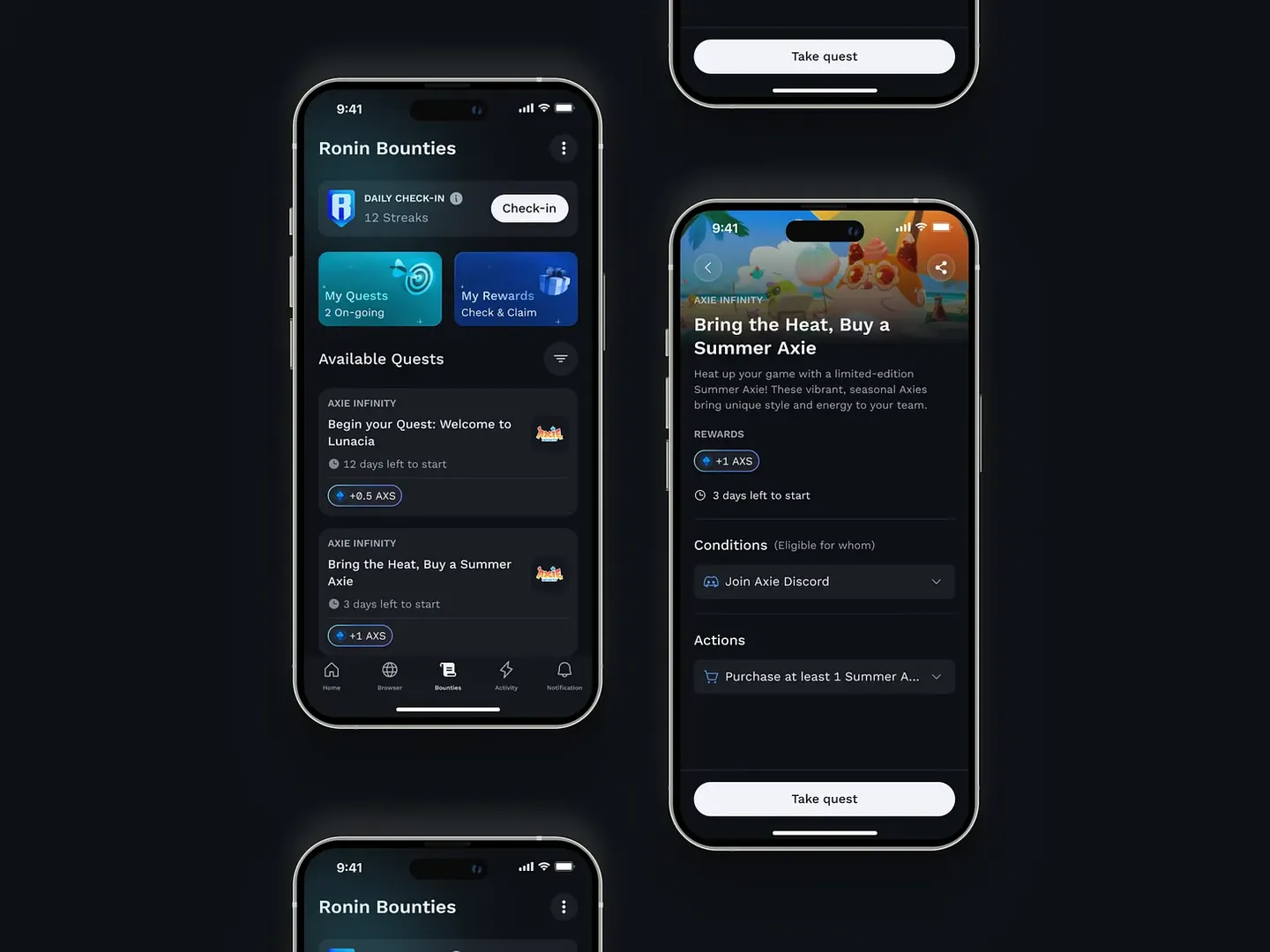 Two phone mockups of the shipped UI: the Ronin Bounties home with daily check-in, streaks and available quests, and a quest detail "Bring the Heat, Buy a Summer Axie"