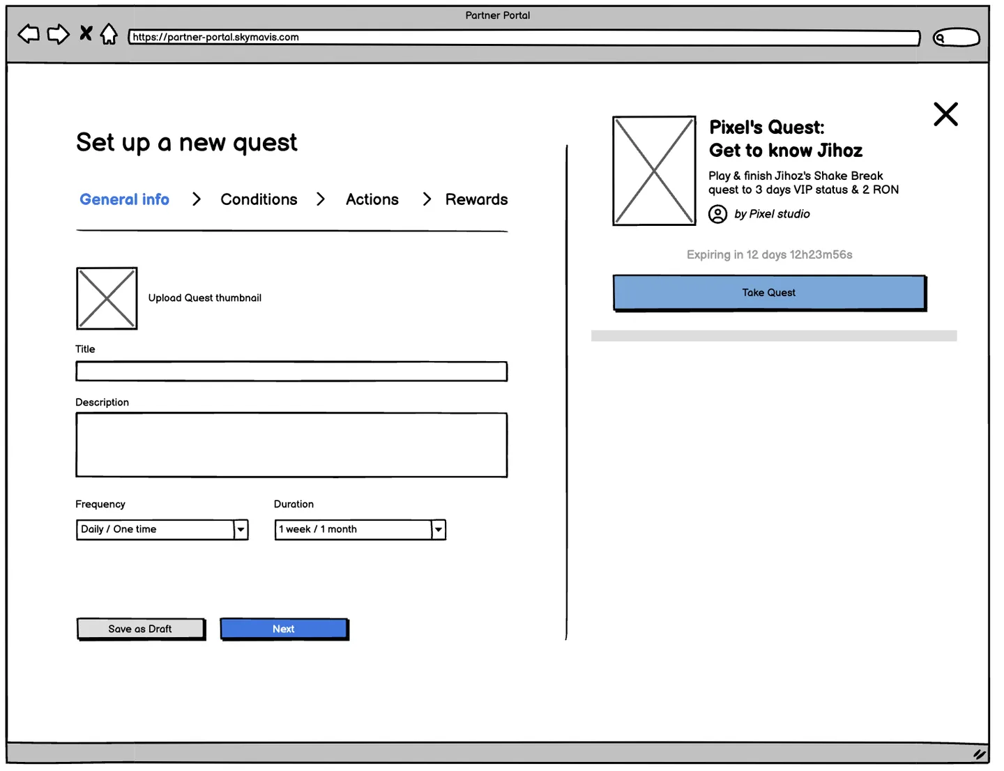 Wireframe of a "Set up a new quest" form with a live quest-card preview