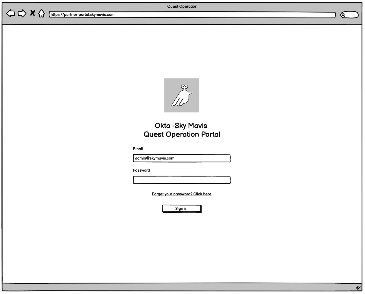 Wireframe of the "Okta - Sky Mavis Quest Operation Portal" login page