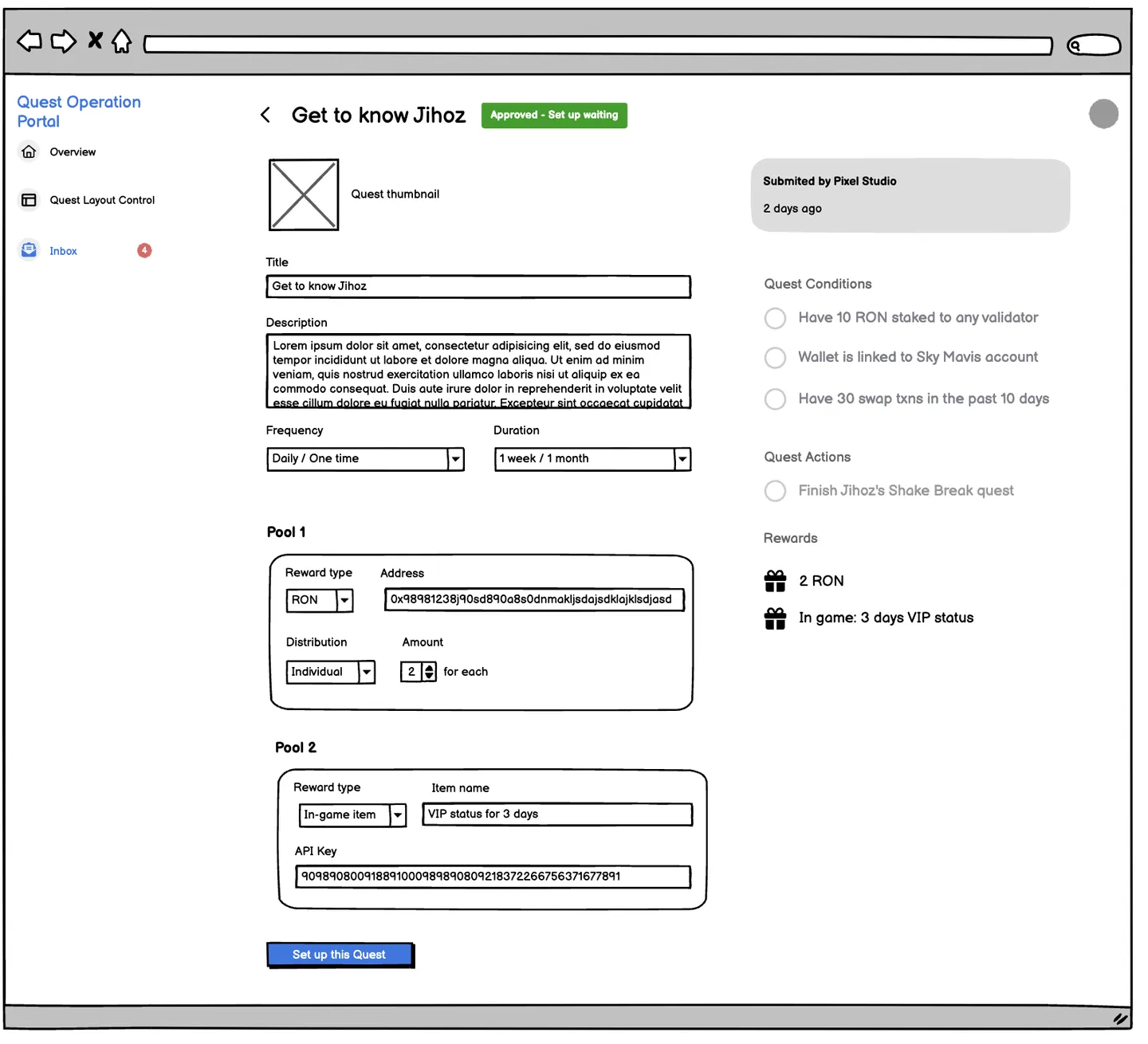Wireframe of a quest editor page, "Get to know Jihoz", with content fields, conditions and rewards